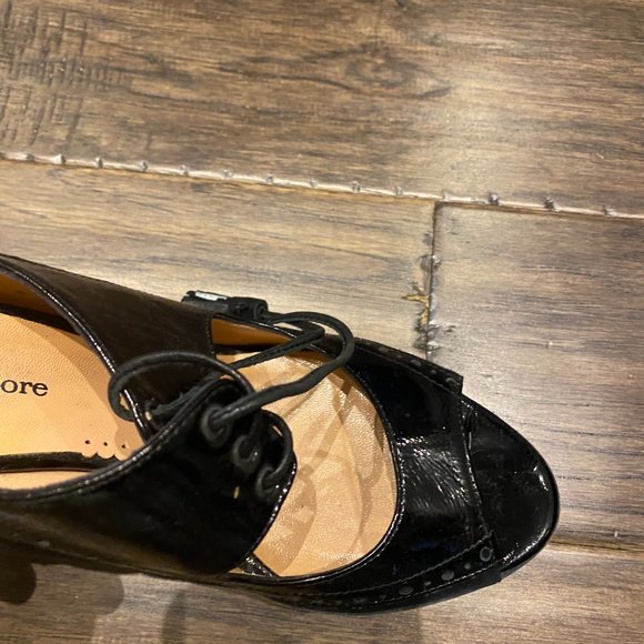 Nanette Lepore Black Mixed Suede and Patent-Leather Peep-Toe Lace-Up Pumps - Picture 4 of 5